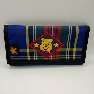 Vintage Winnie The Pooh Tri Fold Wallet Blue Plaid Embroidered Pooh Rare